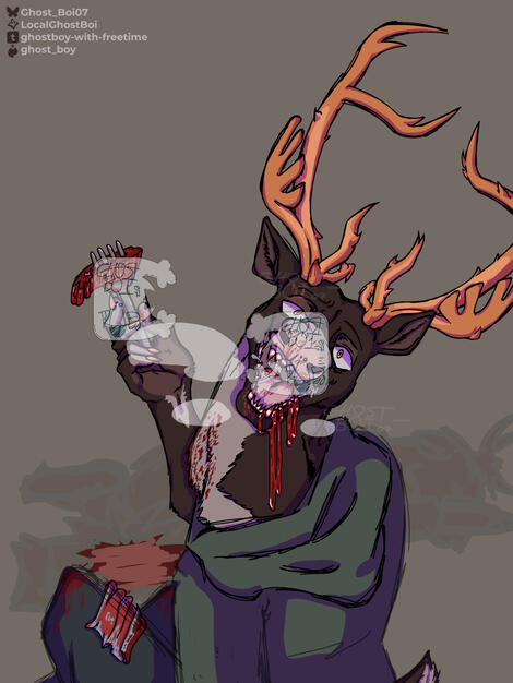 This is my Beastars inspired characte, Mika. You can learn about him on hi Unvale page. In the drawing, he's eating meat from the leg of a deer he killed, blood drooling from his sharp-toothed agape maw.