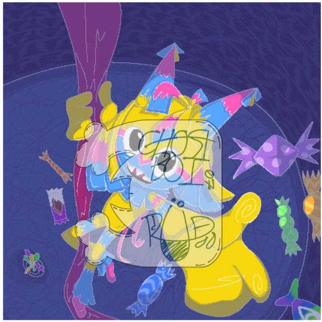 A commission of a character, Yatta, from Roblox: Dandy's World performing in her circus act. Looey, another Dandy's World character, is seen in the background. The pixelated dot style was a fun challenge requested by the customer. They used this for their