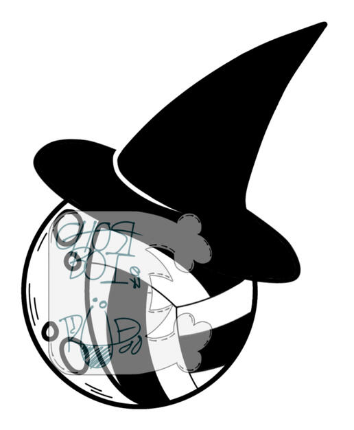 A volleyball with a crescent moon on the left half and wearing a witch's hat. This was a tattoo reference for a friend of mine, and though it's a simple line-art I'm proud with how it came out.