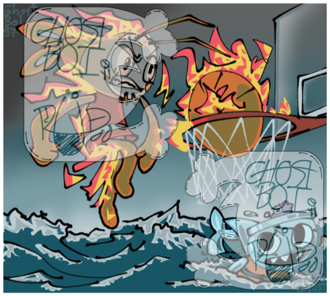 Shrimpo and Finn, as well as Barnaby, from Roblox: Dandy's World drawn as the fire shrimp and shark basketball meme image.