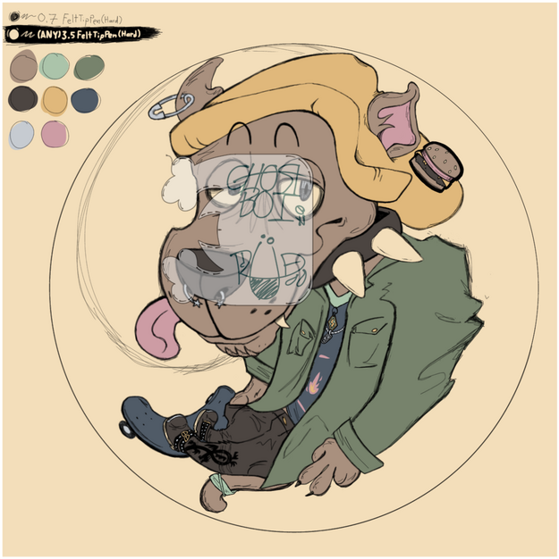 A commissioned stylized art of a Roblox character who was a punked version of Scooby-Doo. The style was very fun and intended to be sketchy and rough with the palette in the corner.