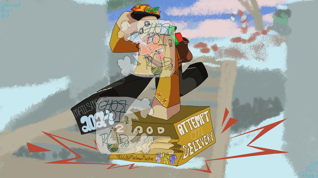 Fanart for the Roblox: Attempt on Delivery's Mailsmas 2024 event. The skin for the character is the Yellow Mailman Plushie skin that you could get during the Mailsmas event in 2024.