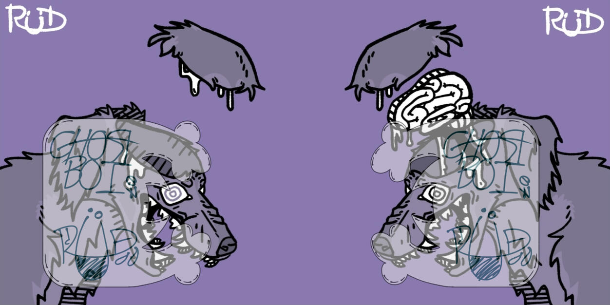 The full banner art of the two afghan-hounds. The left without a brain, and the right one with. This was the art I used as my banner on some socials for a bit.