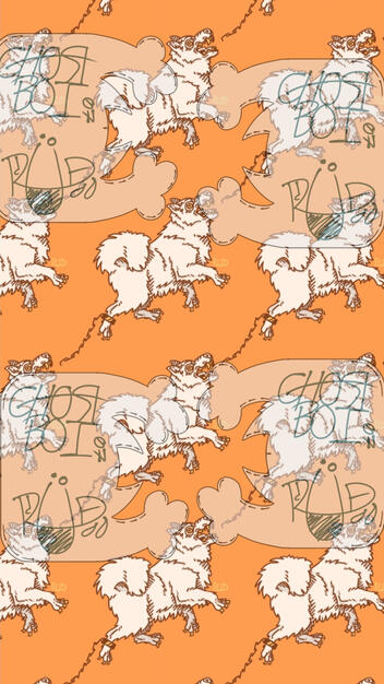 A looping wallpaper of the previous samoyed in chains chasing other samoyeds in a looping design.