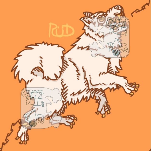 A samoyed dog with a chain cuffed around their ankle. They bite at another chain, which is connected to another dog. This is the design used in the next Dog Dayz art.