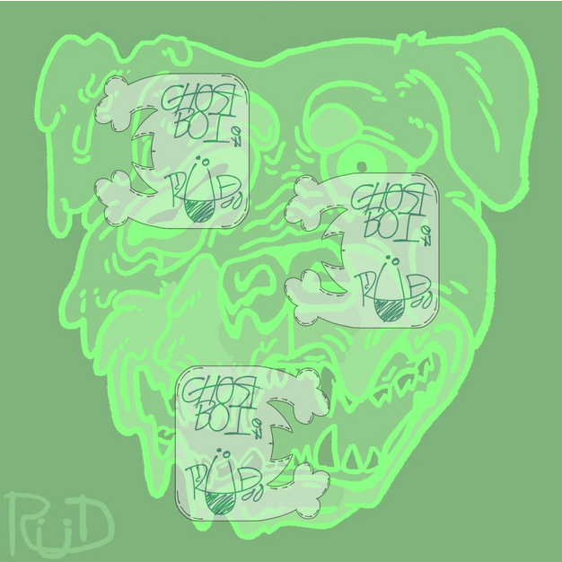 "Rotten Rottie" is the original title I gave this one. A rottweiler who's right, our left, half of their face is melting. This one was inspired by a half rotted apple with a melting effect, and a rottie who is spoiled rotten. As they should be, of course!